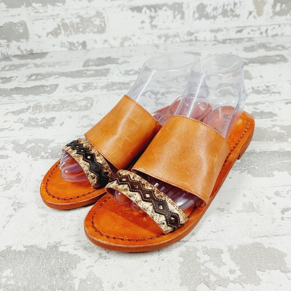 NEW Free People Saturday Brown Leather Embroidered Two Strap Flat Sandals K95 - Picture 2 of 11